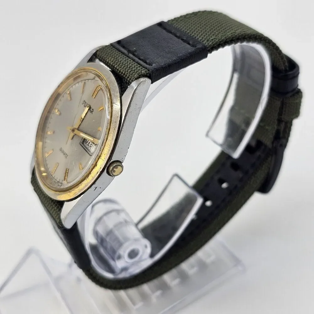 VTG Pulsar Men's Watch 35MM Gray Dial Day Date New Canvas‎ Bands New Battery